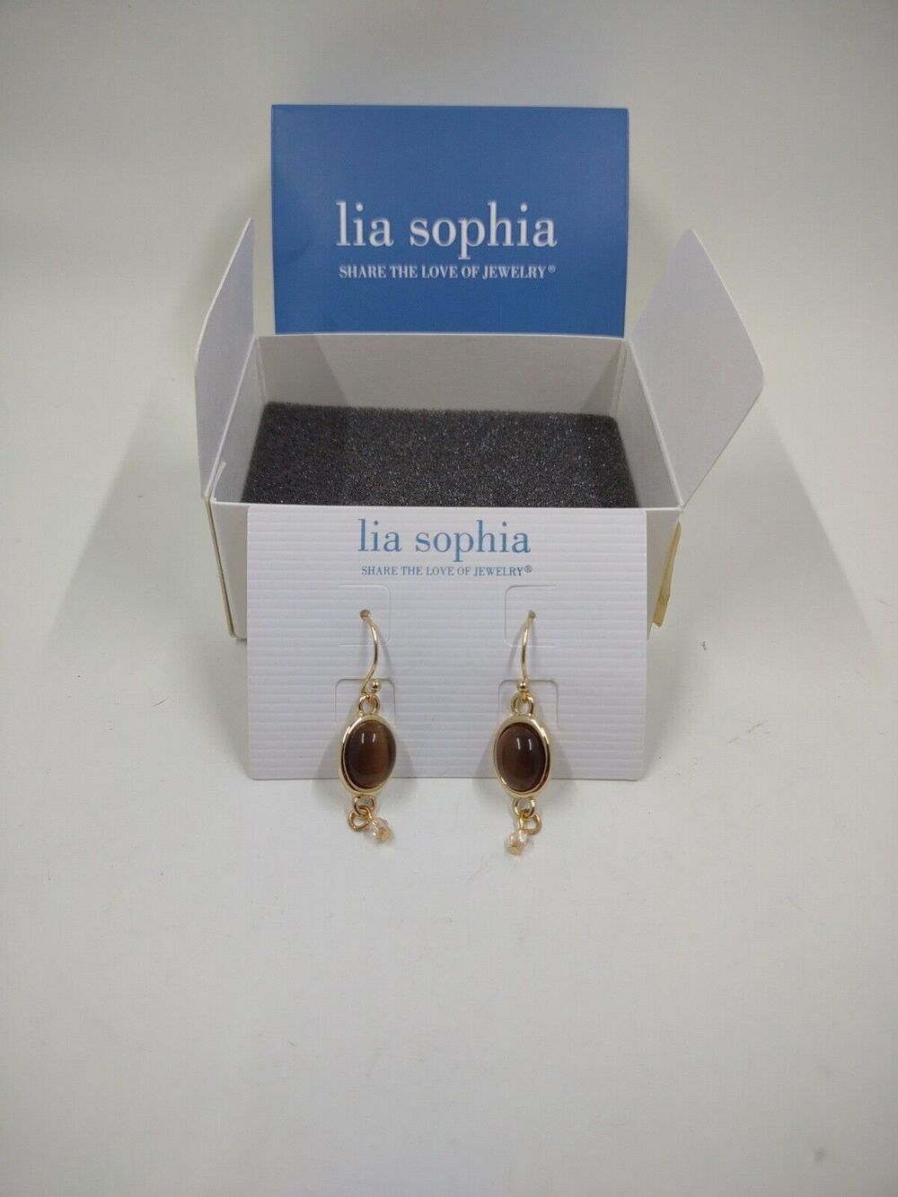 Lia Sophia Cats Eye Look Dangle Hook Gold Color Earrings Pair With Rubber Backs